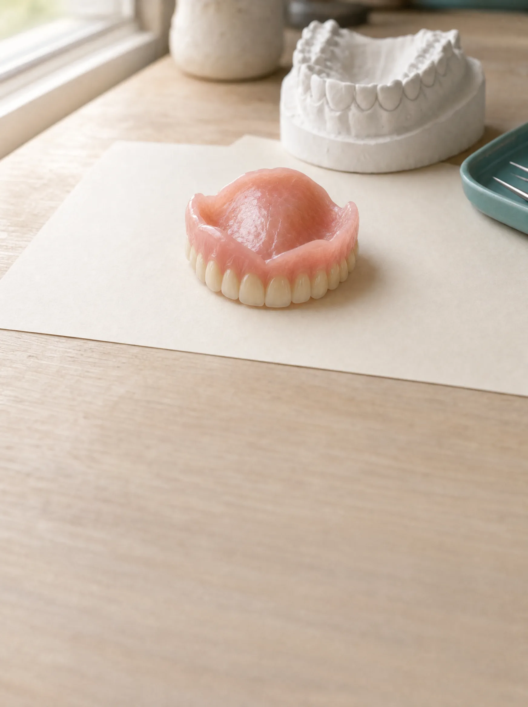 A complete upper denture on a sheet of paper at a laboratory bench, a plaster cast behind it