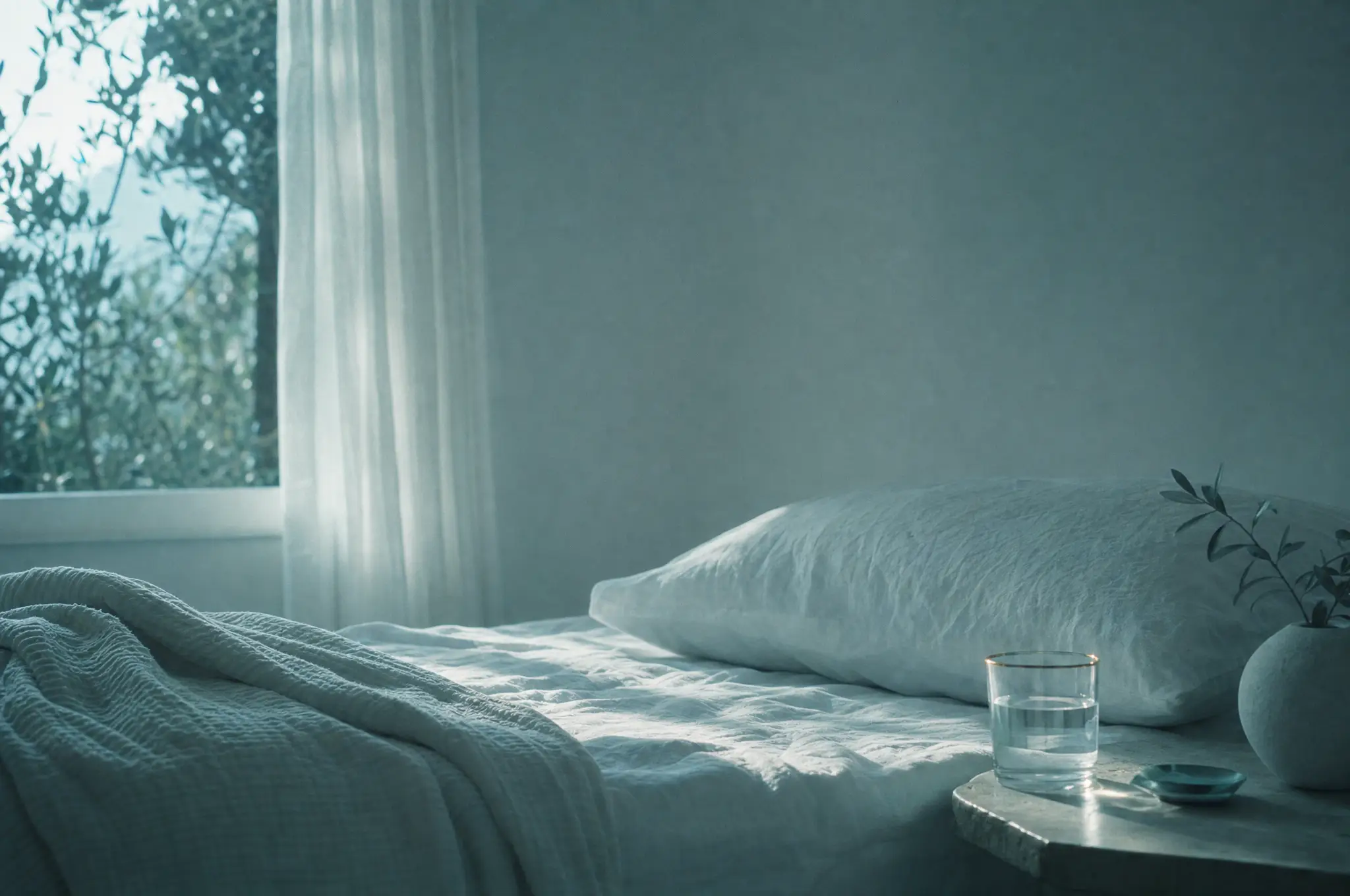 A quiet corner set up for the days after an extraction — water, a cold pack and a soft pillow in the clinic’s palette